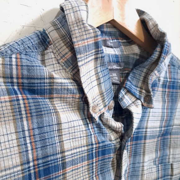 Eddie Bauer | Blue Plaid Men's button down short sleeved Shirt classic fit - Picture 5 of 10